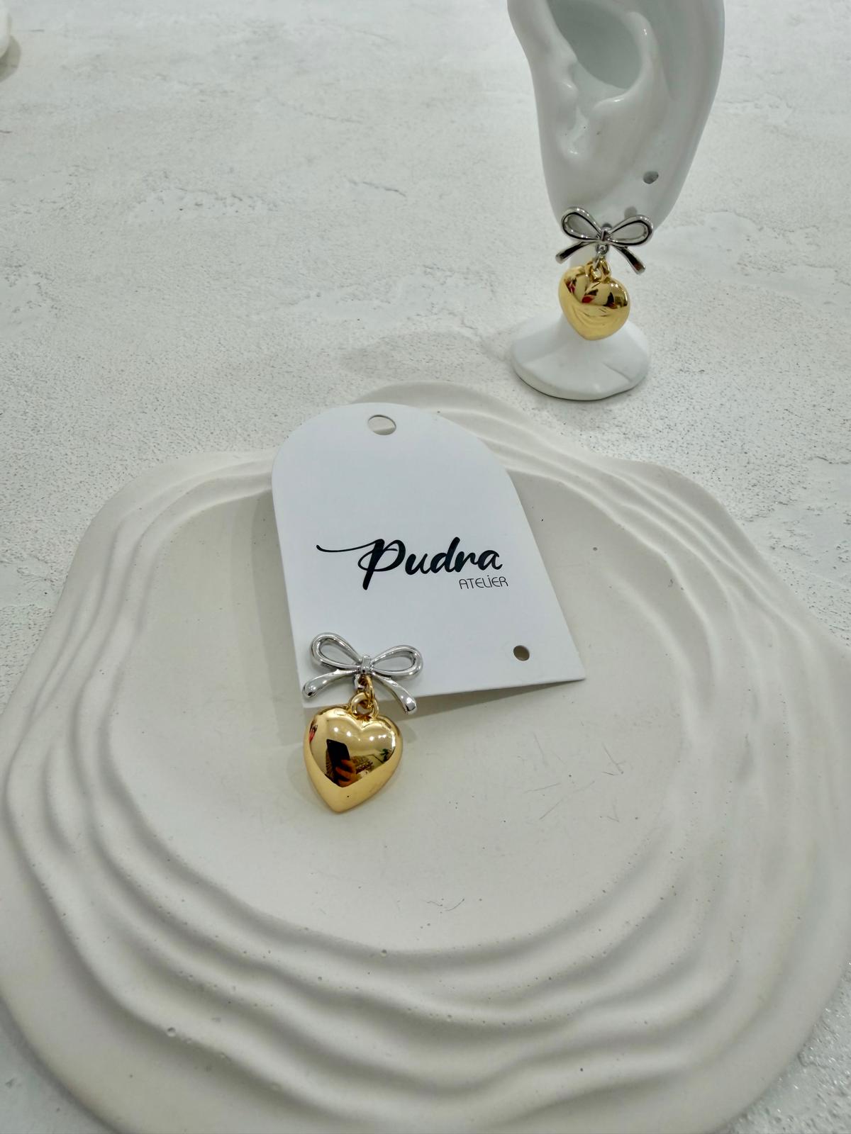 Silver Fiyonk Ve Gold Kalp Model Küpe - Görsel 2