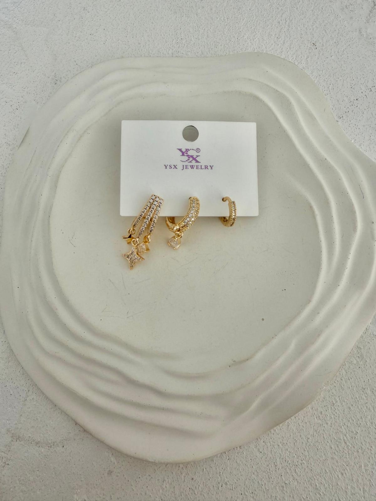 YSX Taşlı Yıldız Detaylı Çoklu Çelik Halka Küpe Rose Gold