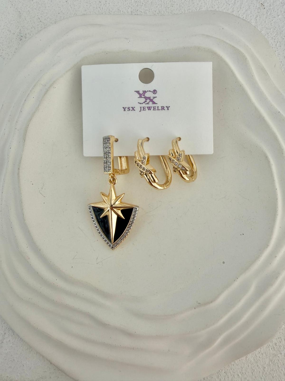 YSX Taşlı Yıldız Detaylı Çoklu Çelik Küpe